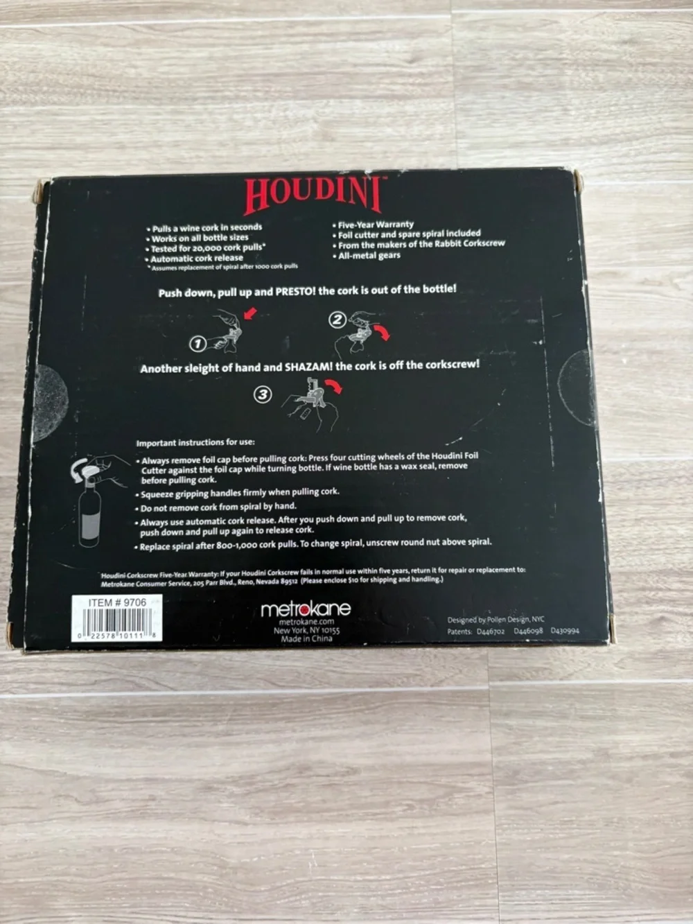 Houdini Lever Corkscrew Silver Cutter Wine Opener